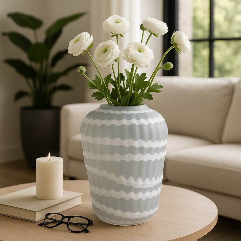Carved Glass Vase with Vertical Strips Pattern Finish - White