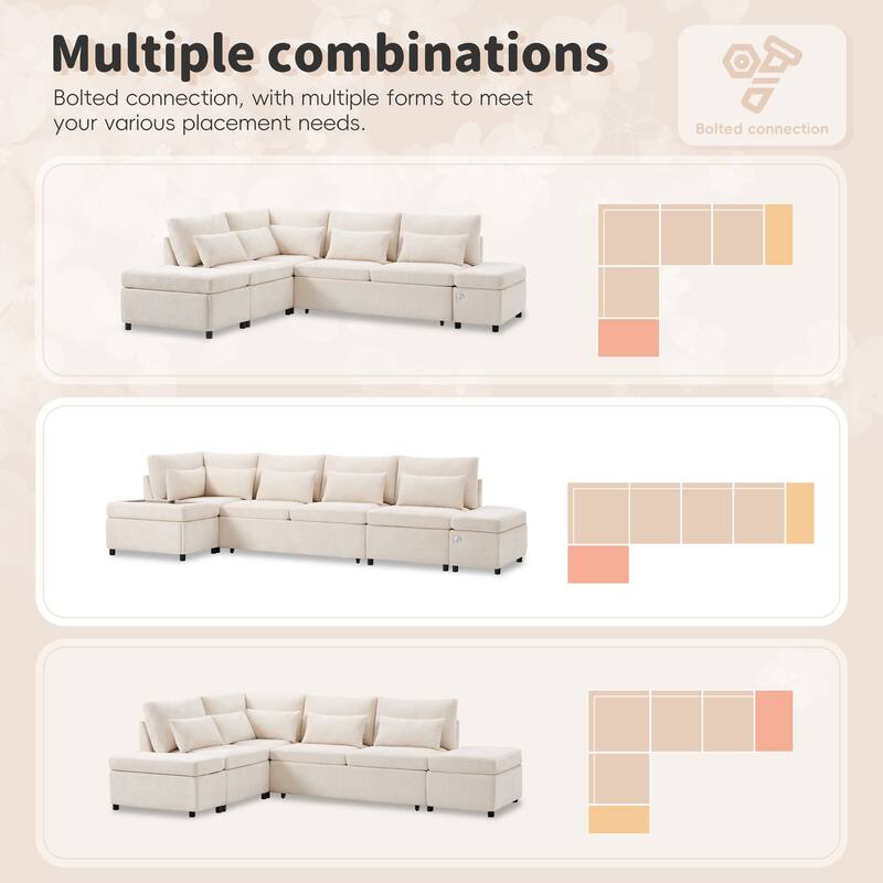 L-Shape Modular Chenille Sectional Sofa Convertible Sleeper Pull-out Sofa Bed with Dual-use Storage Ottoman and Charging Ports