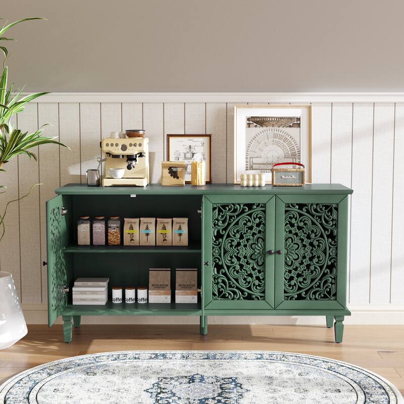 TV Stand Sideboard, Buffet Cabinet with Floral Carvings, Wood Storage Cabinet with Adjustable Shelves