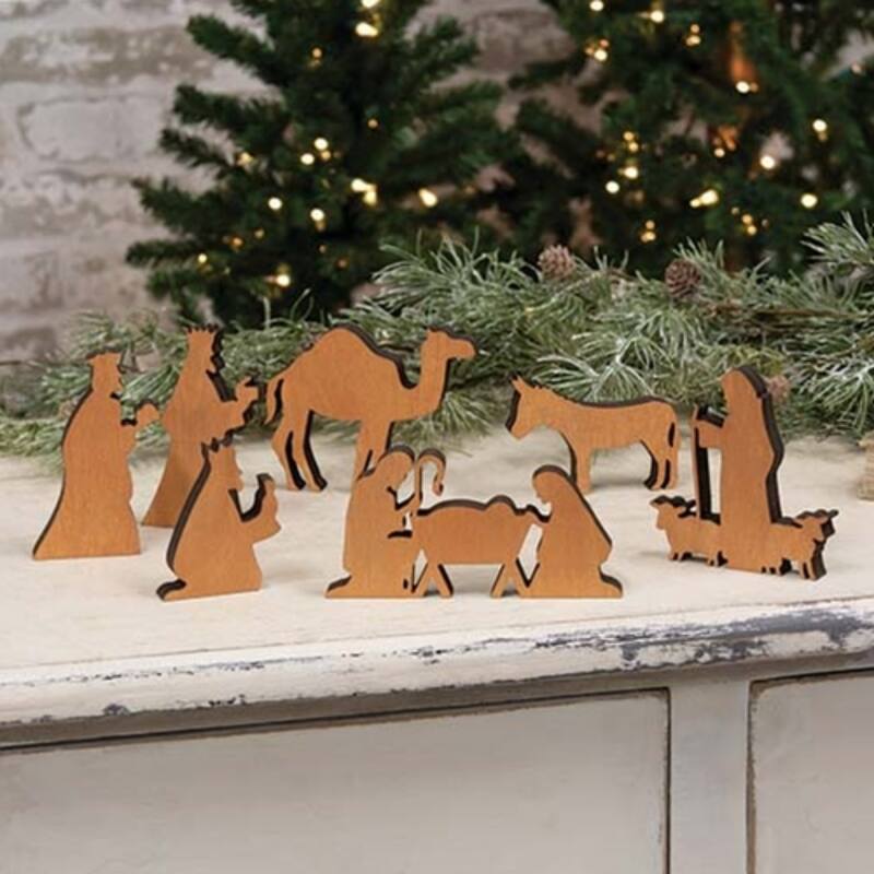 Set of 7 Natural Wood Silhouette Nativity - Approx. 4" H x 3-6" W x .5" D each - Brown