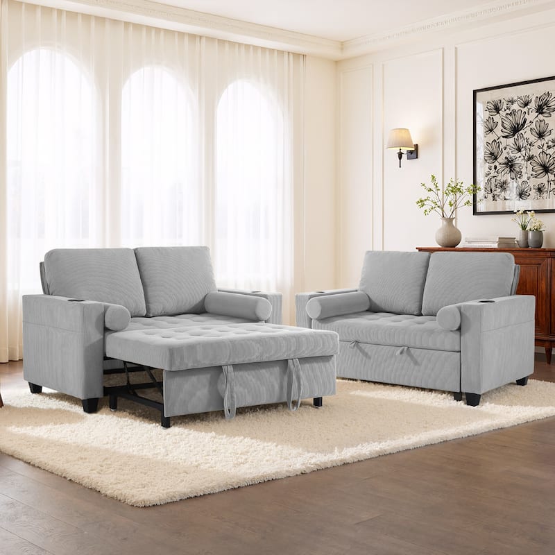 2 Set Corduroy Convertible Sleeper Sofa Bed Loveseats with Cup Holder, USB Ports & Storage - Light Grey