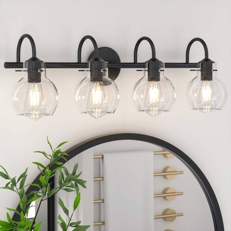 Modern 2/3/4 Bathroom Vanity Lights Clear Globe Glass Shade - 4-Light/24.6" - Black