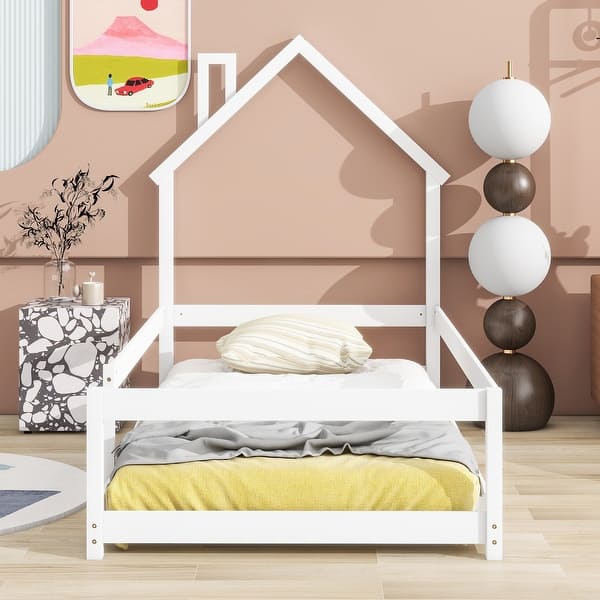 slide 2 of 9, Twin Size Wood Bed with House-Shaped Headboard and Fences, White White