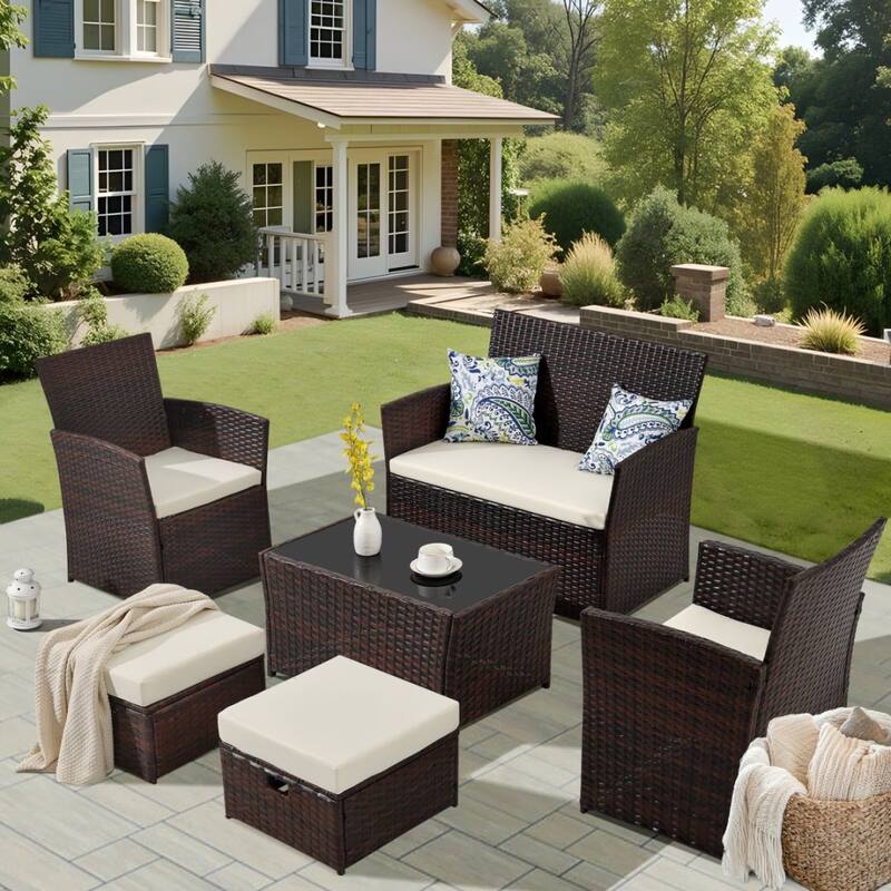 6-Piece Wicker Outdoor Sofa Set, 1 Loveseats, 2 Chairs, 2 Ottomans and 1 Table - Beige