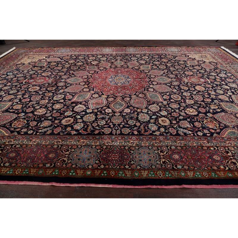 Hand Knotted Oriental 100% Wool Carpet Traditional Floral Navy Blue & Blues Mashad Area Rug - 15' 5'' X 11' 1''