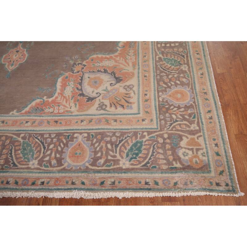 Brown Geometric Tabriz Vintage Persian Area Rug Handmade Wool Carpet - 9'4" x 12'5"
