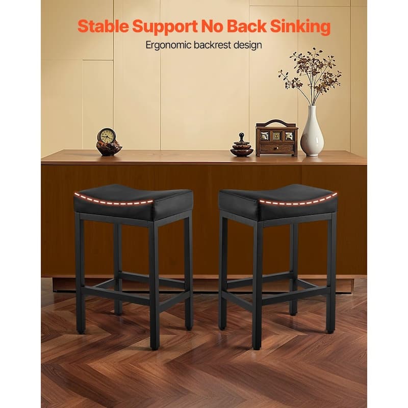 Set of 2 Black PU Leather Counter Height Bar Stools with Curved Seat and Metal Frame - 17.72” x 13.39” x 25.39”