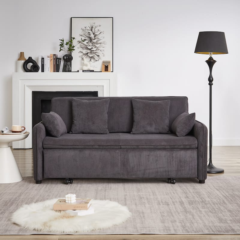 66 Inch Sleeper Sofa Bed with Pullout Bed 4 Pillows and Side Pockets Soft Corduroy Convertible Sleeper Sofa Bed - Dark Grey