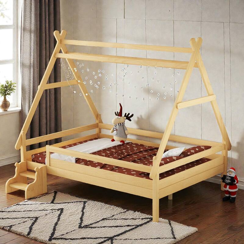 Twin/Full House Platform Bed with Stairs, Solid Wood Low Profile Kids Bed Frame, Fun Playhouse Design for Children