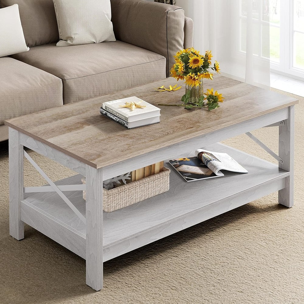 Moasis Farmhouse Coffee Table with Shelf, 2-Tier Center Table for Living Room