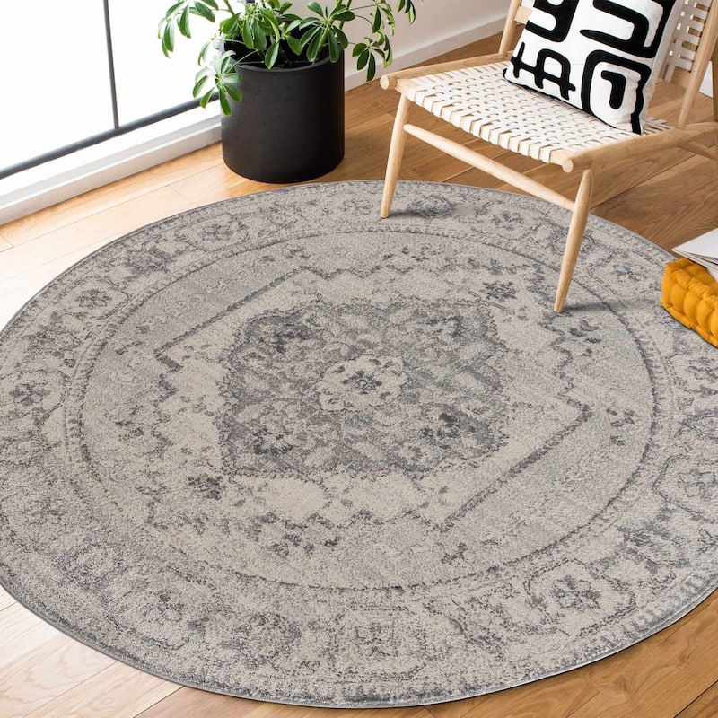 Hauteloom Tigris Modern Traditional Abstract Farmhouse Neutral Grey / Beige Area Rug - 5'3" Round - Grey, Ivory / Tigris