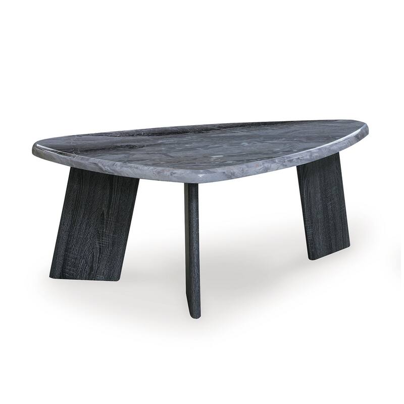 Bey 3pc Coffee n Table Set, Gray Faux Marble Top, Geometric Panel Base