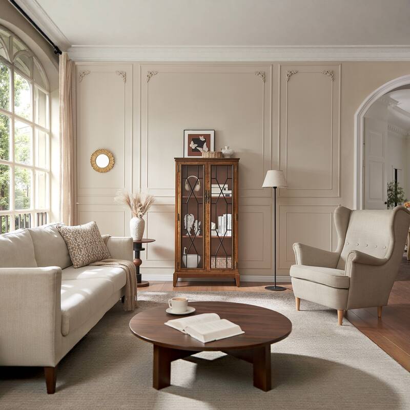 Morden Fort Living Room Wooden Tall Storage Cabinet with Glass Doors