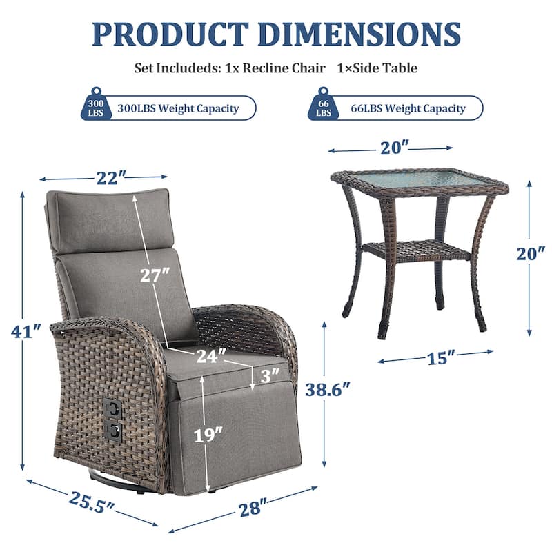Pocassy Outdoor Brown Wicker Chaise Lounge Chair with Side Table Grey Cushion