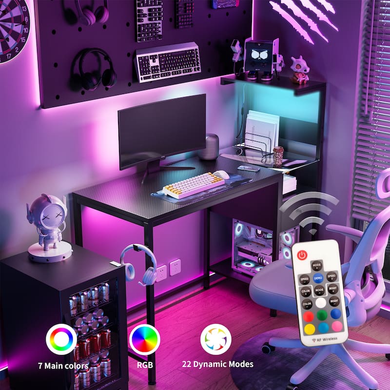 Reversible Computer Desk Study Writing Table with LED Lights, USB Charging Ports, Shelves and Drawer for Home Office