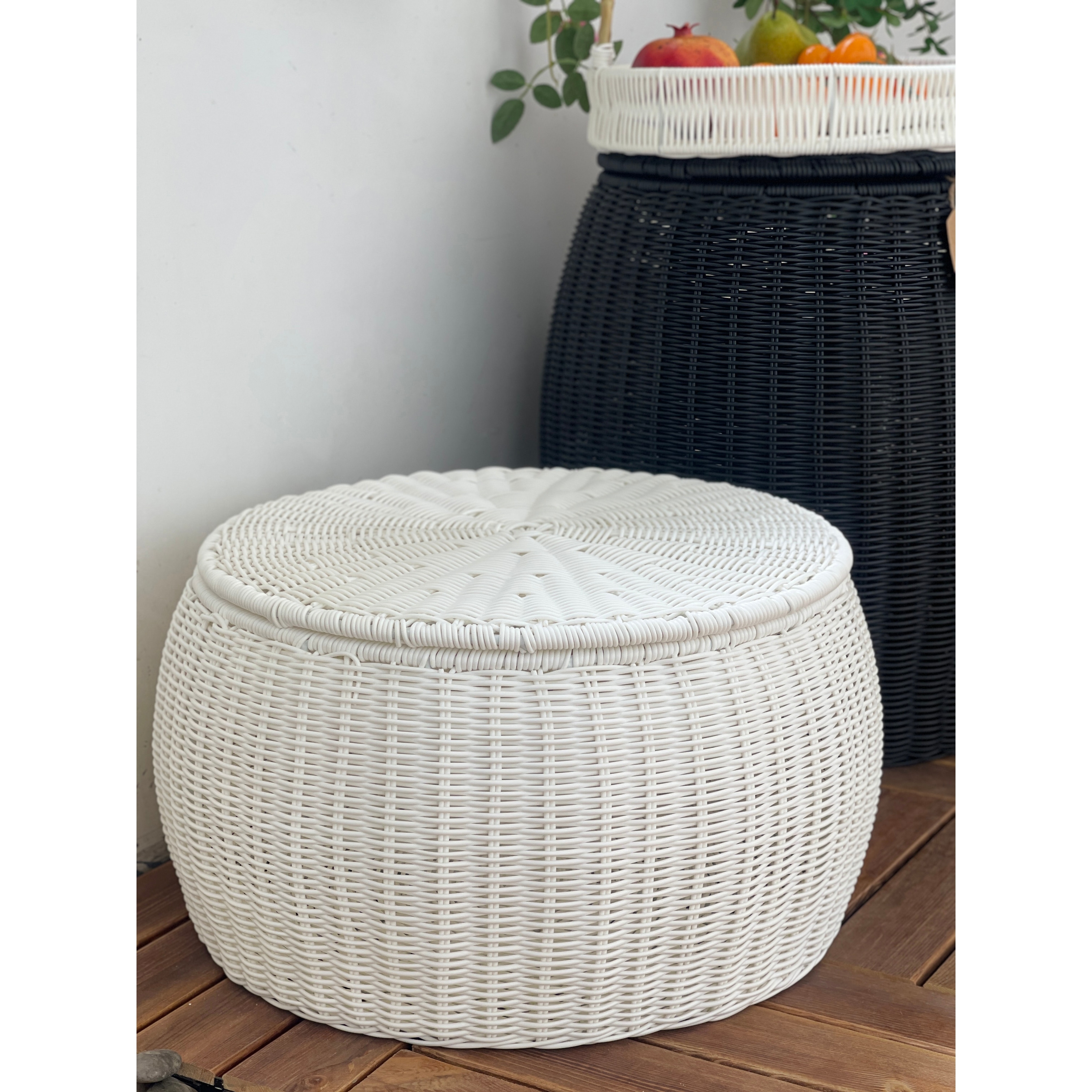 Outdoor Indoor White Pouf Wicker Footstool Ottomans Storage Seat With Lid