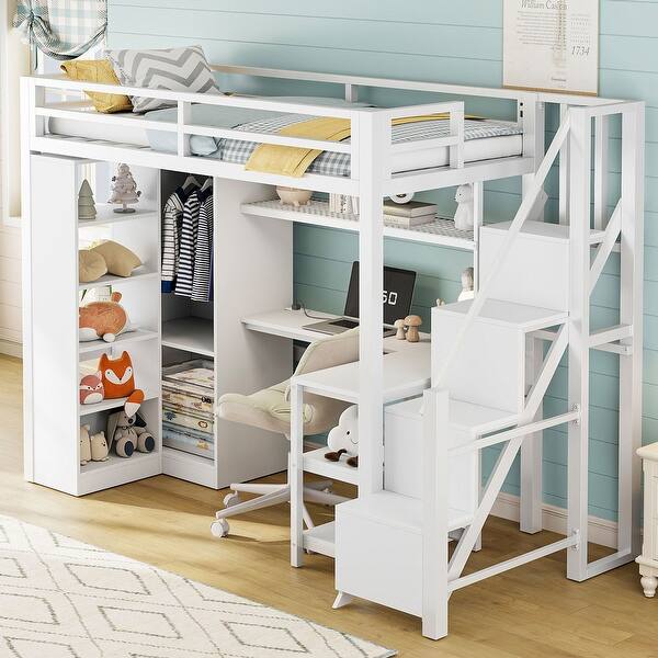 slide 2 of 14, Metal Full Loft Bed With Desk, USB Ports, 5-Layer Shelf, Wardrobe And Stepped Stairs, White White