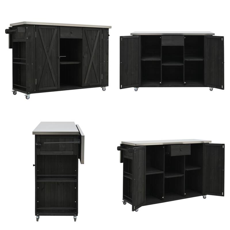 Outdoor Wood Kitchen Island w/ Stainless Steel Top,Towel,Bottle Opener