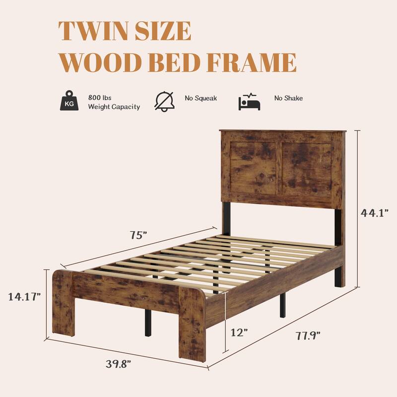 Wooden Twin Bed Frame with Storage, Noise-Free, Easy Assembly, Light Brown