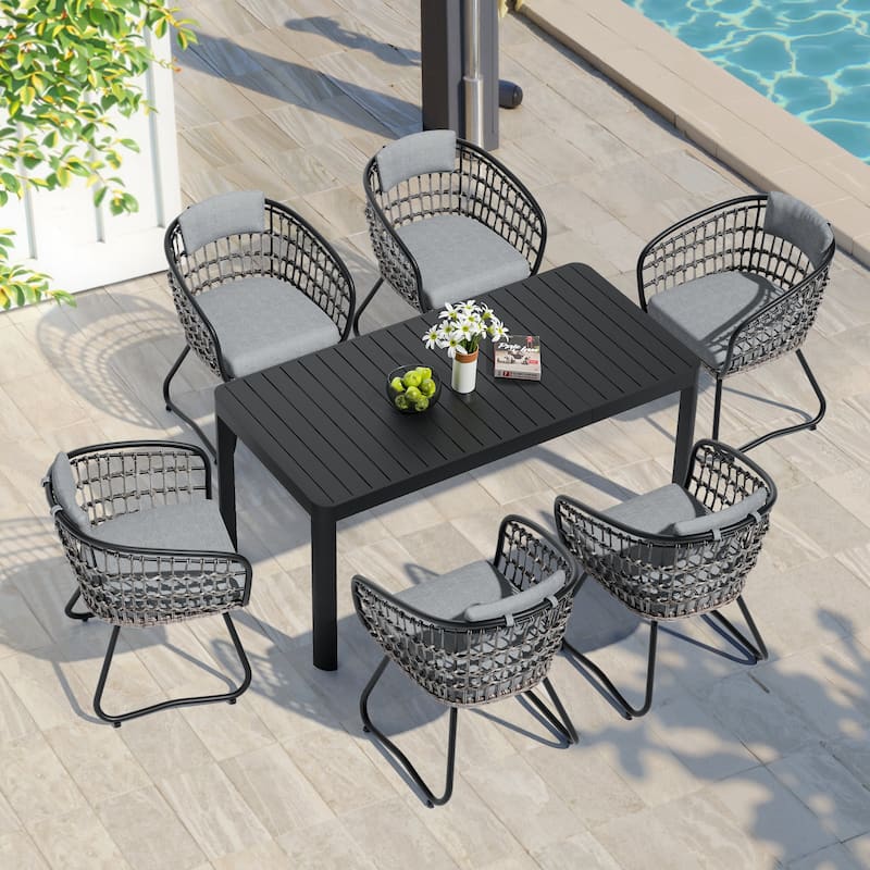 7-Piece Outdoor Patio Dining Set Expandable Rectangular Aluminum Dining Table with PE Rattan Dining Chairs - Grey