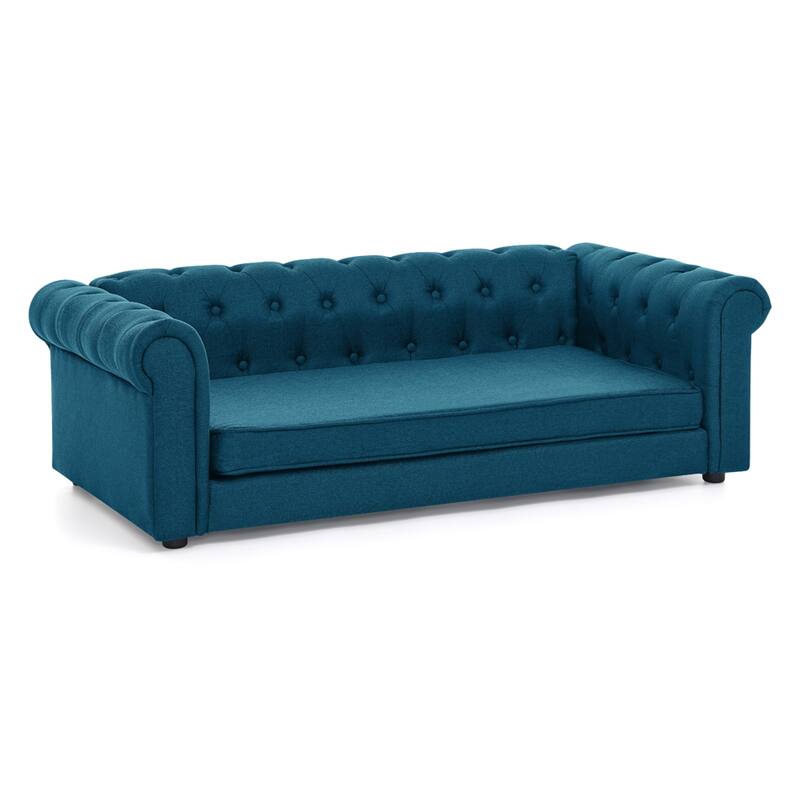 Roomfitters Upholstered Pet Sofa Chesterfield Style Elevated Dog Bed Couch with Rolled Arms & Button Tufted Cushion Seat