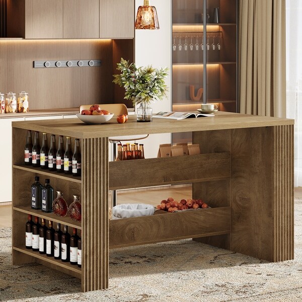59 Inch Bar Table with Storage Shelves, Farmhouse Wooden Counter