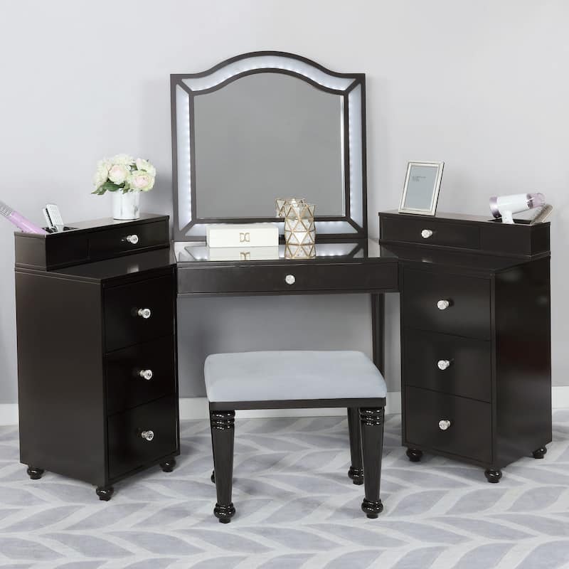 Furniture of America Ulru Transitional Solid Wood 3-Piece Makeup Vanity Set with LED - Obsidian Grey