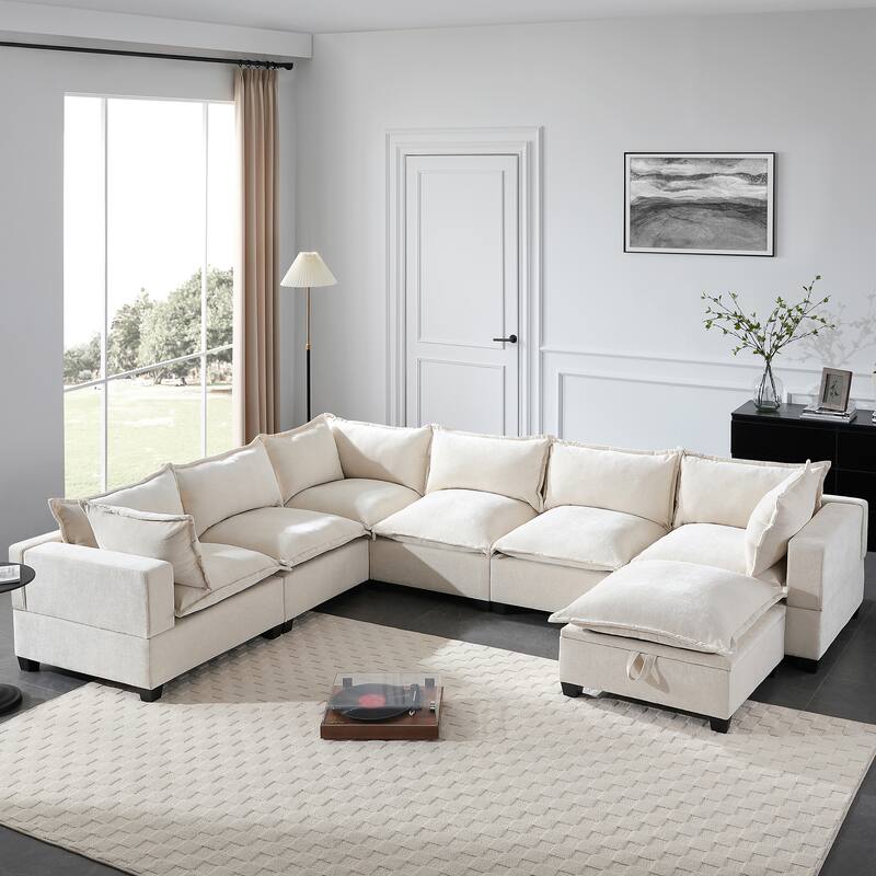 Roomfitters 117.5" Modular U-Shaped Sectional Sofa with Storage Ottoman, 7 Seat Wide Chenille Couch, Living Room Sofa - Beige