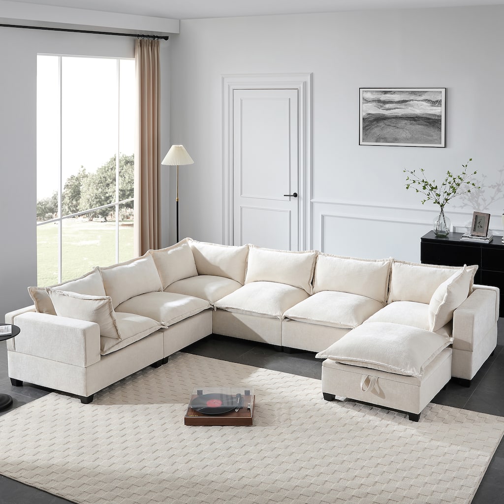 Roomfitters 117.5" Modular U-Shaped Sectional Sofa with Storage Ottoman, 7 Seat Wide Chenille Couch, Living Room Sofa