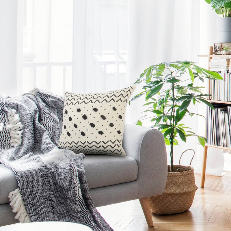 Sevita Black and Cream Chevron and Tufted Grid Throw Pillow