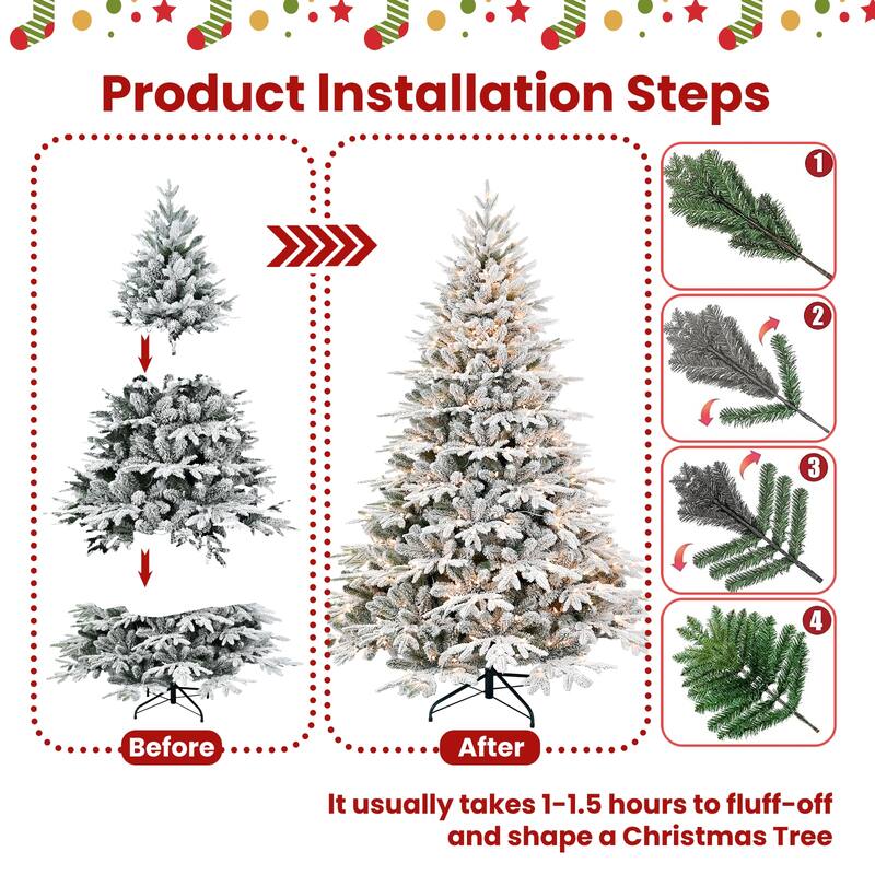 4ft Pre-Lit Flocked Christmas Tree with 150 Incandescent Lights,Hinged Pine with Memory Wire Branches,Foldable Metal Stand