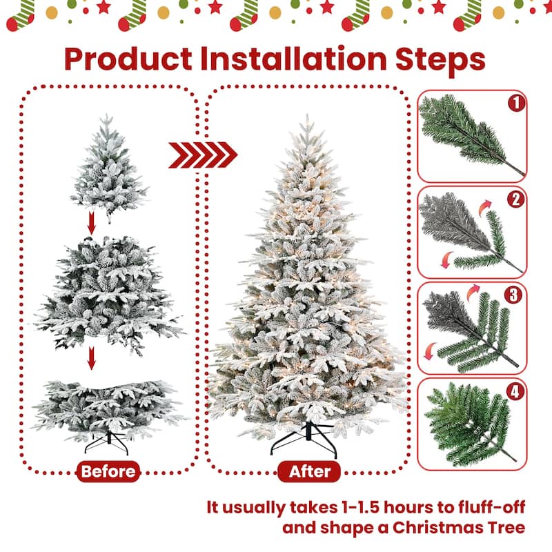 9ft Pre-Lit Flocked Artificial Christmas Tree with 1050 Lights,Hinged Pine with Partial Memory Wire Branches,Metal Stand