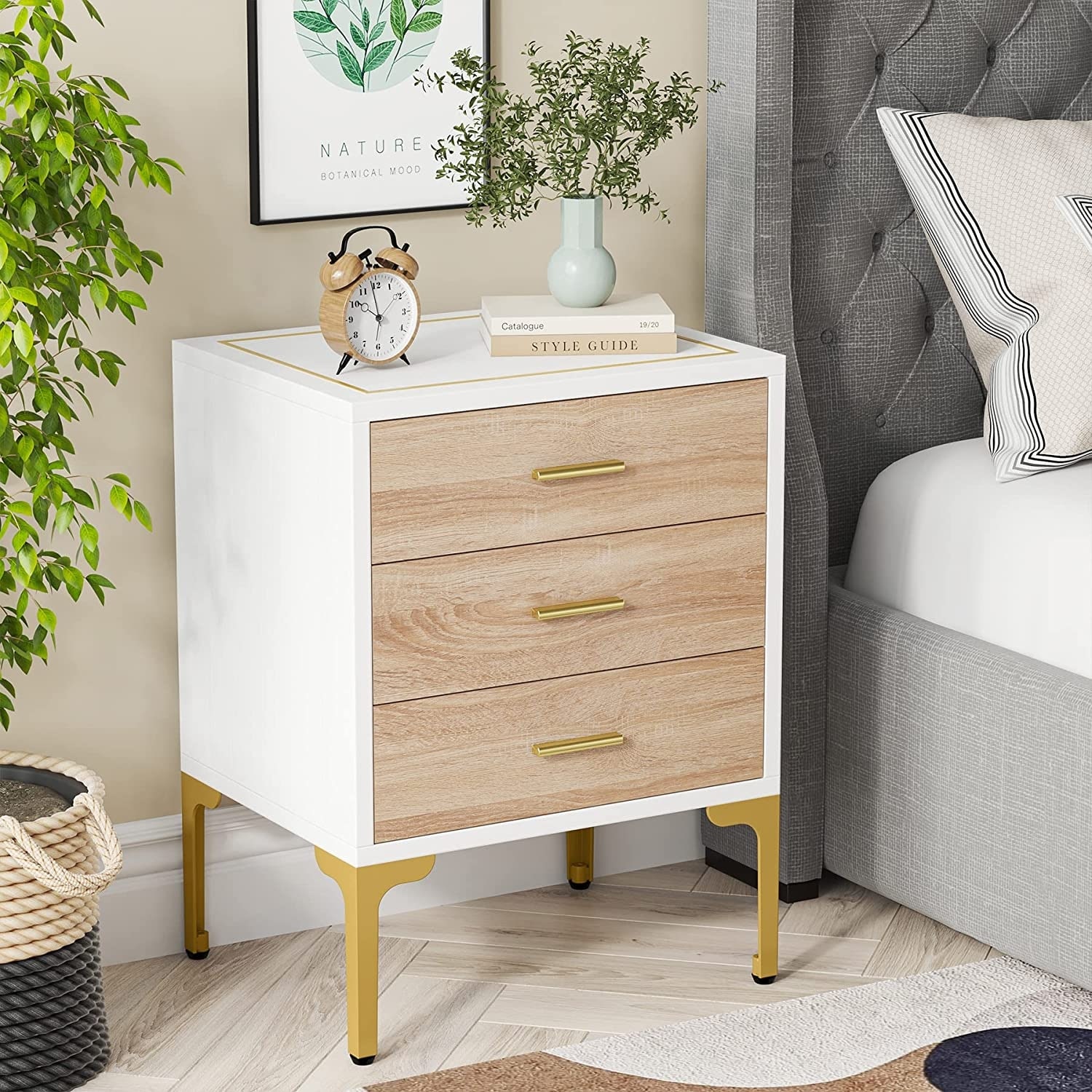 White nightstand shop with gold legs