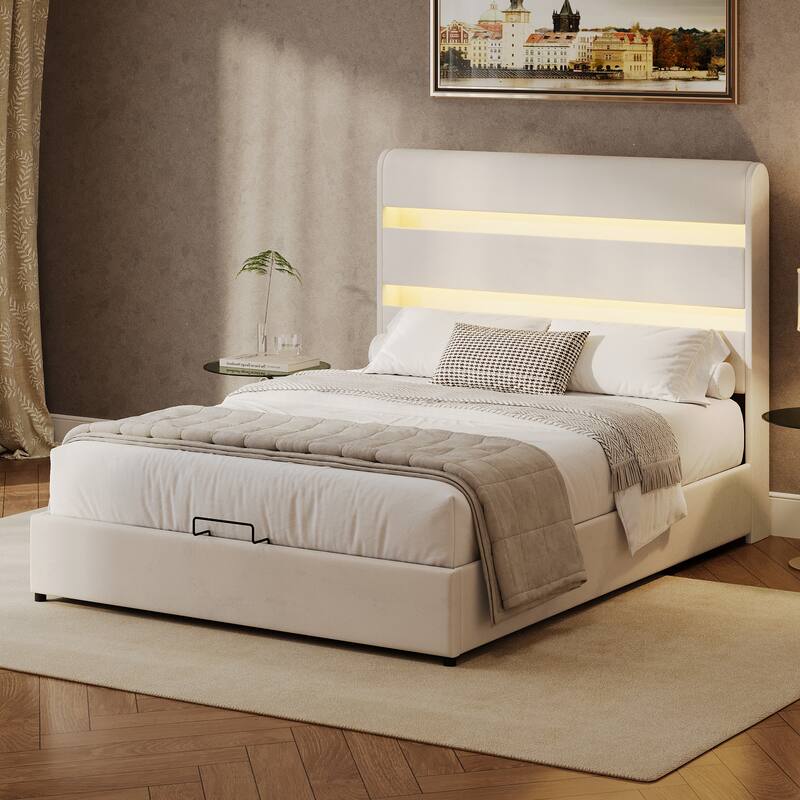 LED Storage Bed with Velvet Upholstery Headboard & Footboard, Beige Full