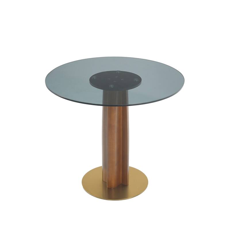 Modern Round Dining Table, 33.5" Tempered Glass Table with Wooden Leg & Gold Base, 2 - Person Kitchen Table for Small Space