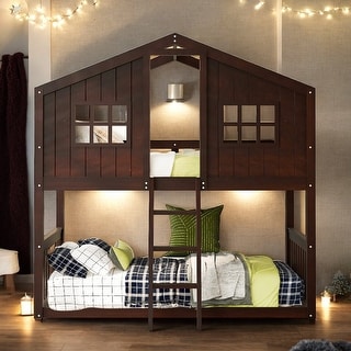 Stylish Twin Over Twin Wood House Shaped Bunk Bed With Built-in Ladder and Guardrail, Solid Construction, Espresso
