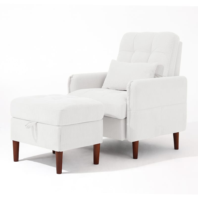 Modern Lounge Chair With Stroage Ottoman and Adjustable Backrest - White