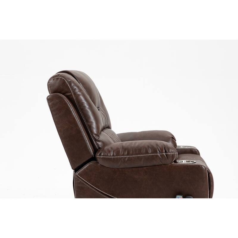 Brown Leather Power Lift Recliner, Multi-Function Massage, Heating, Cup Holders