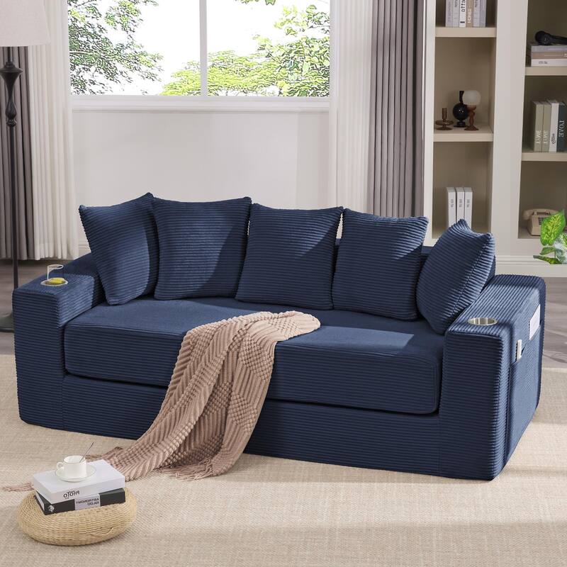 2-in-1 Convertible Sleeper Sofa, Floor Folding Couch, Sofa Bed with Side Pocket, Pull Out Loveseat with Cup Holders