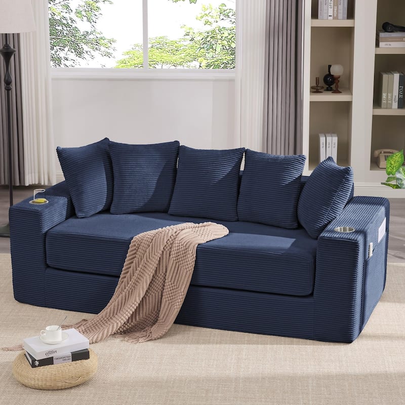 Convertible Corduroy Sleeper Loveseat Sofa Bed 3 Seater Floor Folding Couch with 5 Pillows, Cup Holders and Side Pockets