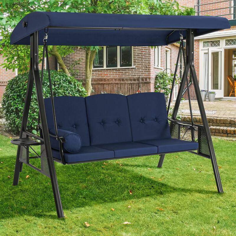AECOJOY 3-Seat Porch Swing Chair, Patio Swing Chair w/ Cushions - Dark Blue