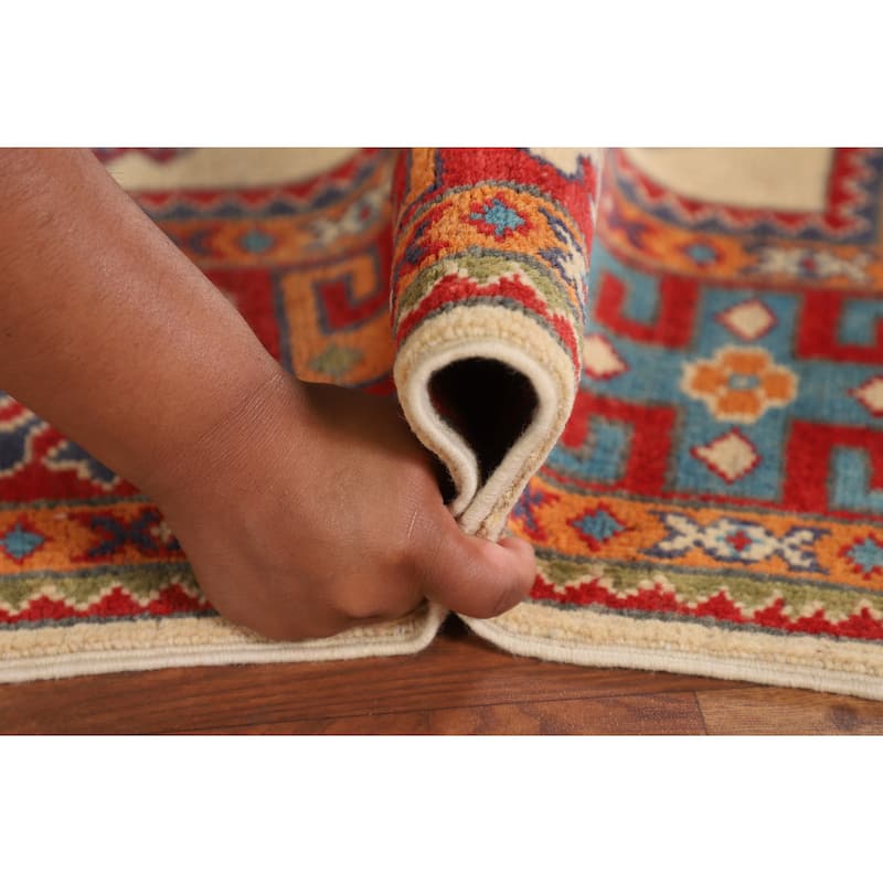 Geometric Beige Kazak Foyer Rug Hand-Knotted Oriental Wool Carpet - 4'0" x 5'11"