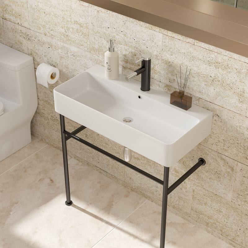 32" Freestanding Bathroom Console Sink with Ceramic Basin, Overflow, Black Metal Legs, and Drain Kit Included