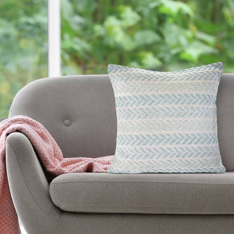 Handwoven Coastal Chevron Throw Pillows - 18" - Spa Blue and White - Set of 2