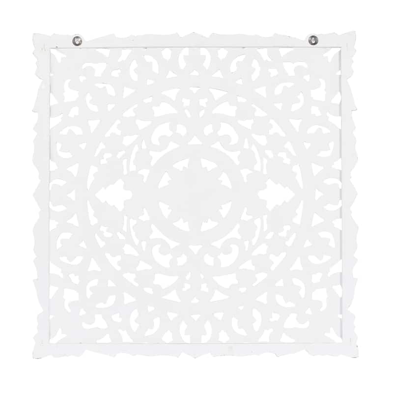 White Wooden Handmade Intricately Carved Floral Home Wall Decor with Mandala Design