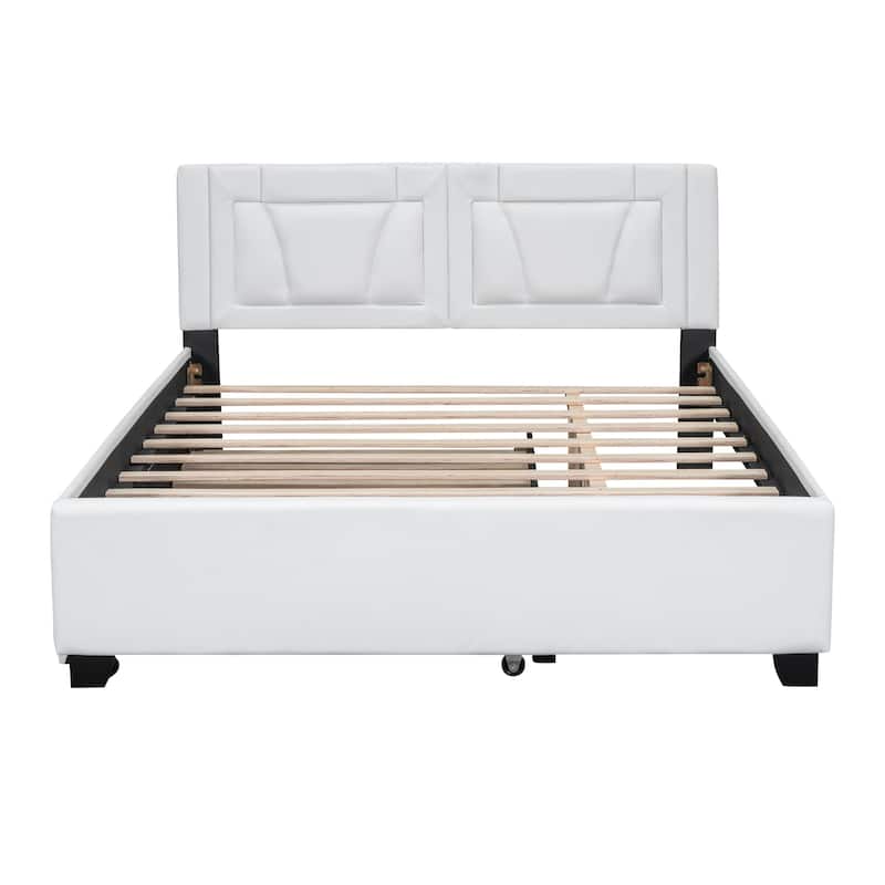 White Queen Size Upholstered Platform Bed with Headboard and Twin Size Trundle