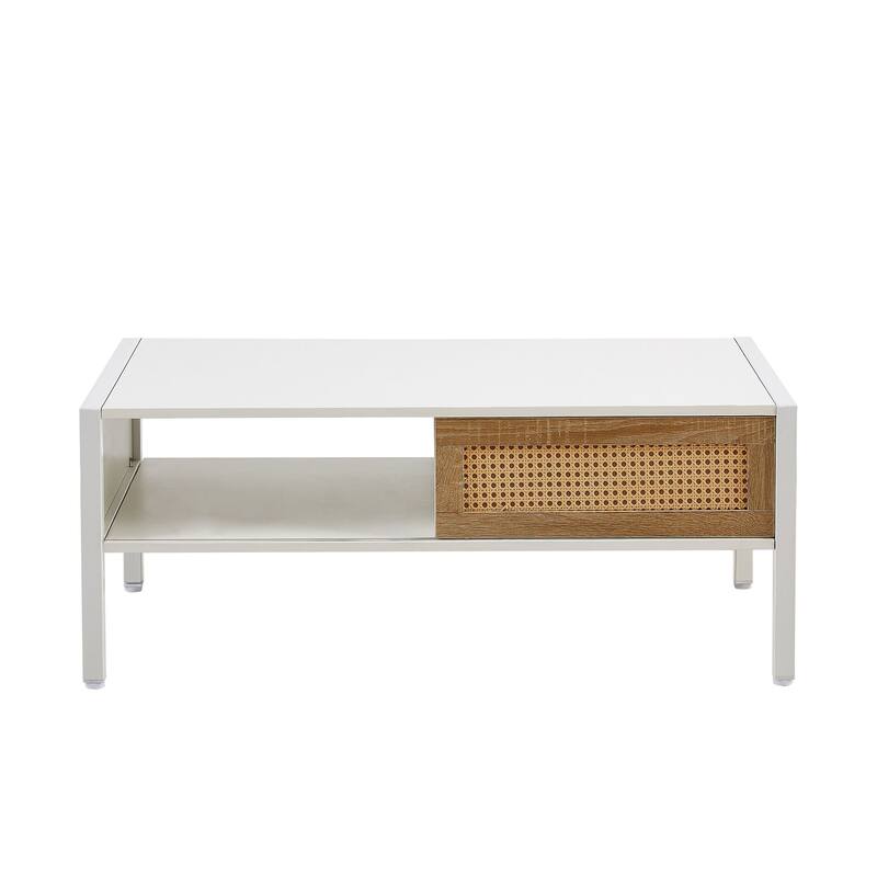 40.16" Mordern Rattan Coffee Table with Sliding Door and Metal Legs