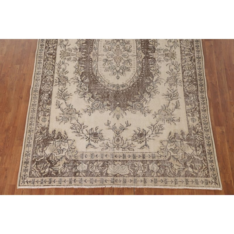 Distressed Ivory Sparta Turkish Vintage Area Rug Handmade Wool Carpet - 5'9"x 9'2"