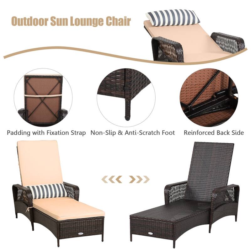 Gymax PE Rattan Chaise Lounge Chair Armrest Recliner Adjustable Pillow