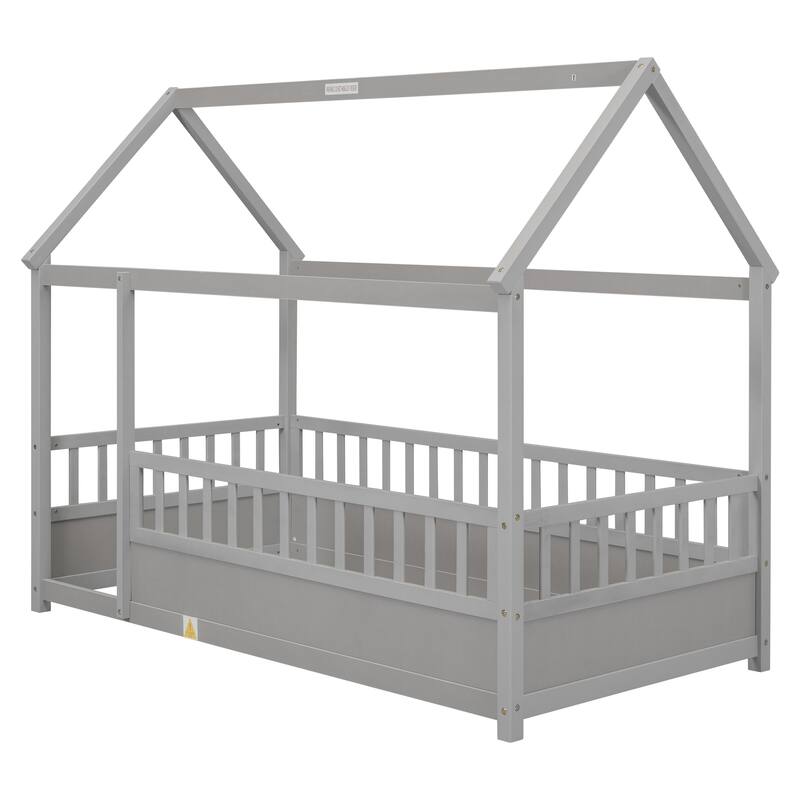 Twin Size Pine Wood Floor Bed with House Roof Frame, Fence Guardrails for Kids, Boys and Girls
